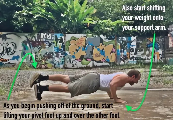 360 pushup tutorial first step - start shifting your weight onto your support arm and lifting your pivot foot off the ground