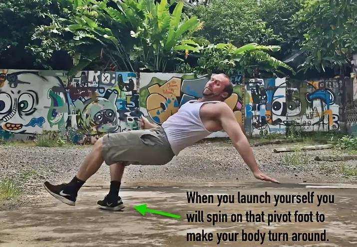 360 pushup tutorial third step - pivot on your foot and begin the rotation