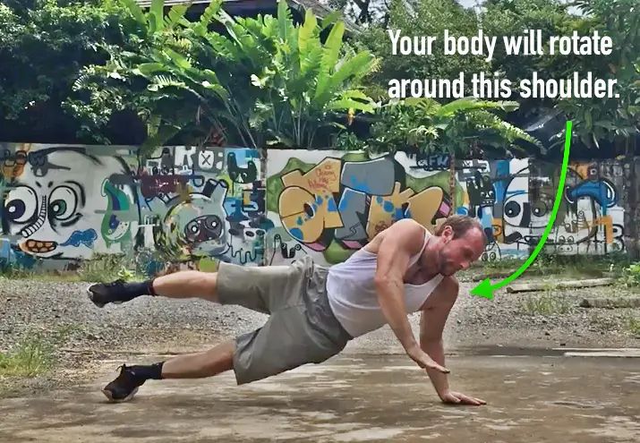 360 pushup tutorial fifth step - body continues to rotate around shoulder of the one arm