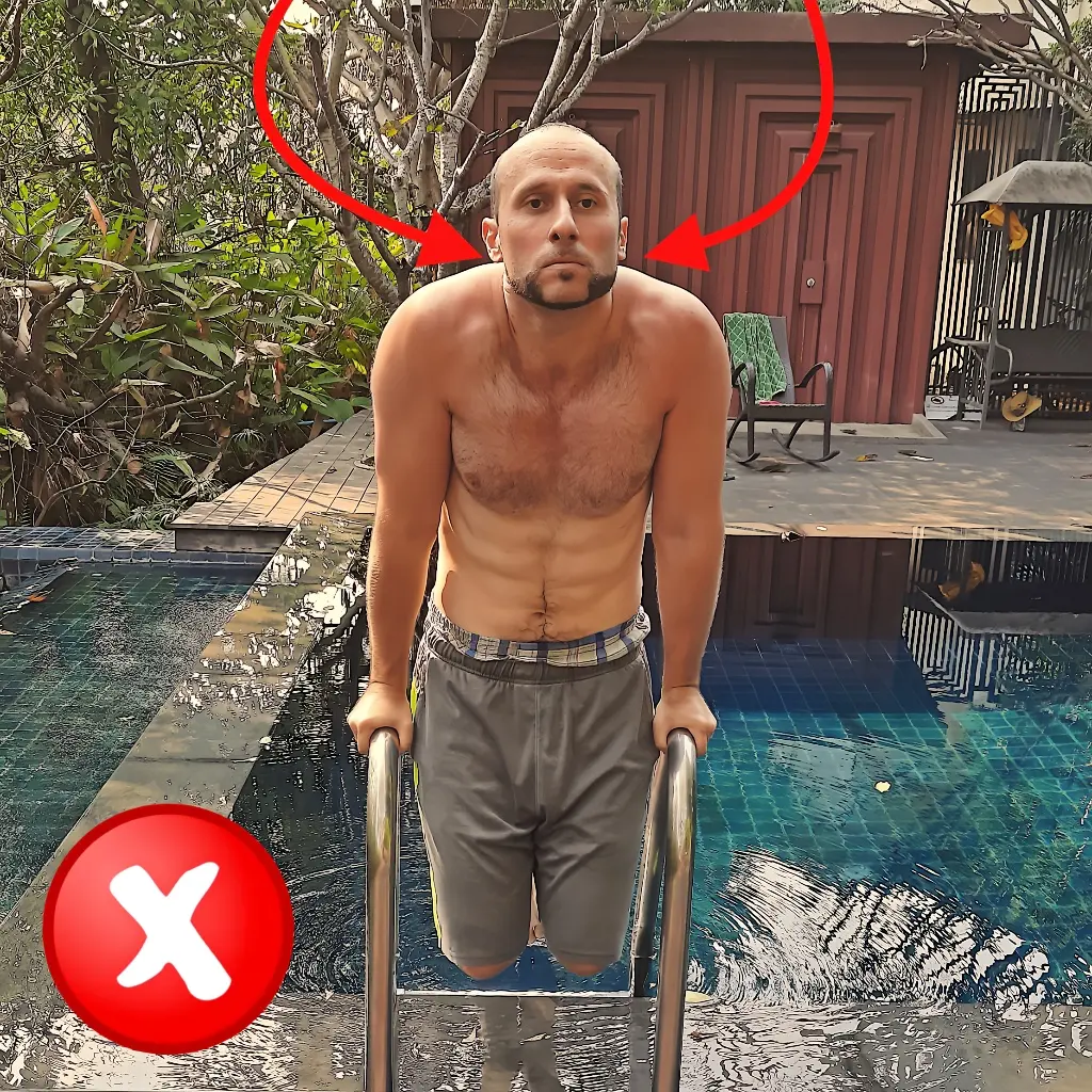 Showing how not to position the traps and shoulders on a parallel bar bodyweight dip