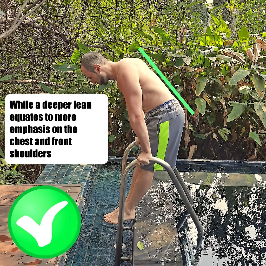 Demonstrating a heavier lean forward on a parallel bar dip