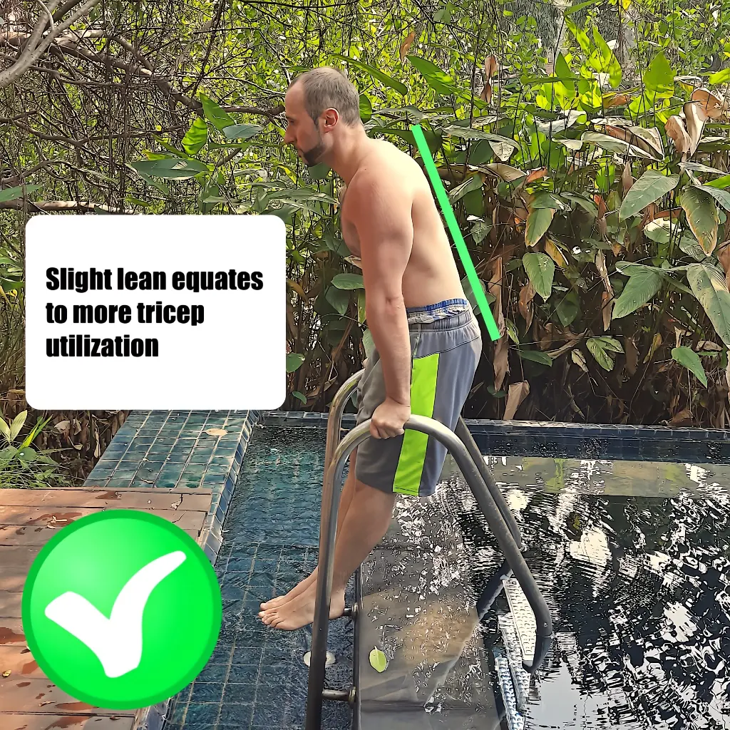 Demonstrating a slight lean forward on a parallel bar dip