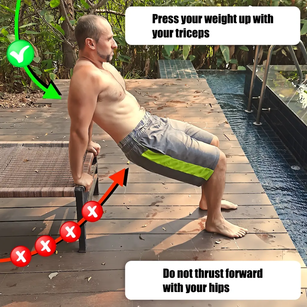 Demonstrating what not to do when performing a regressed tricep dip