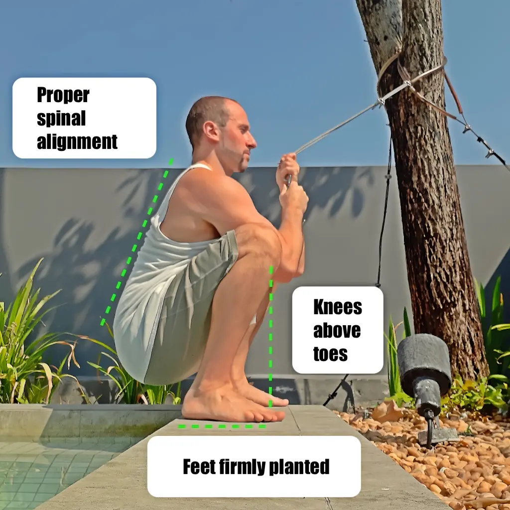 Self-assisted deep squat regression using a rope to hold onto