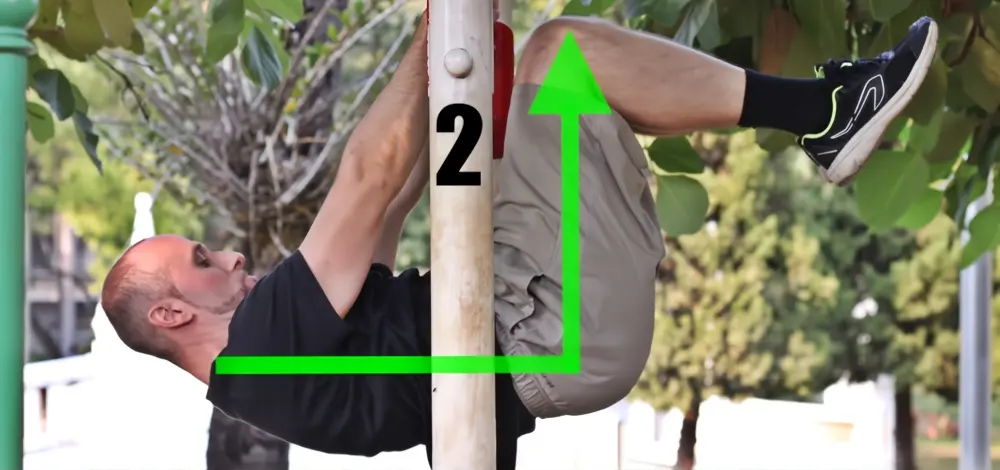 Front lever progression where there is a 90 degree bend at both the hips and the knees with the feet pointing forward