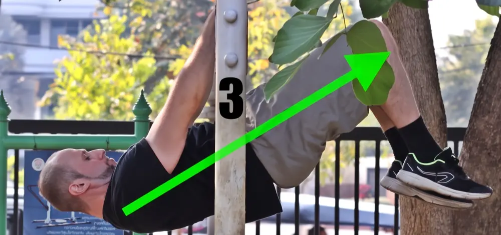Front lever progression where the body is slanted upward at an angle but there is a 90 degree bend at the knees