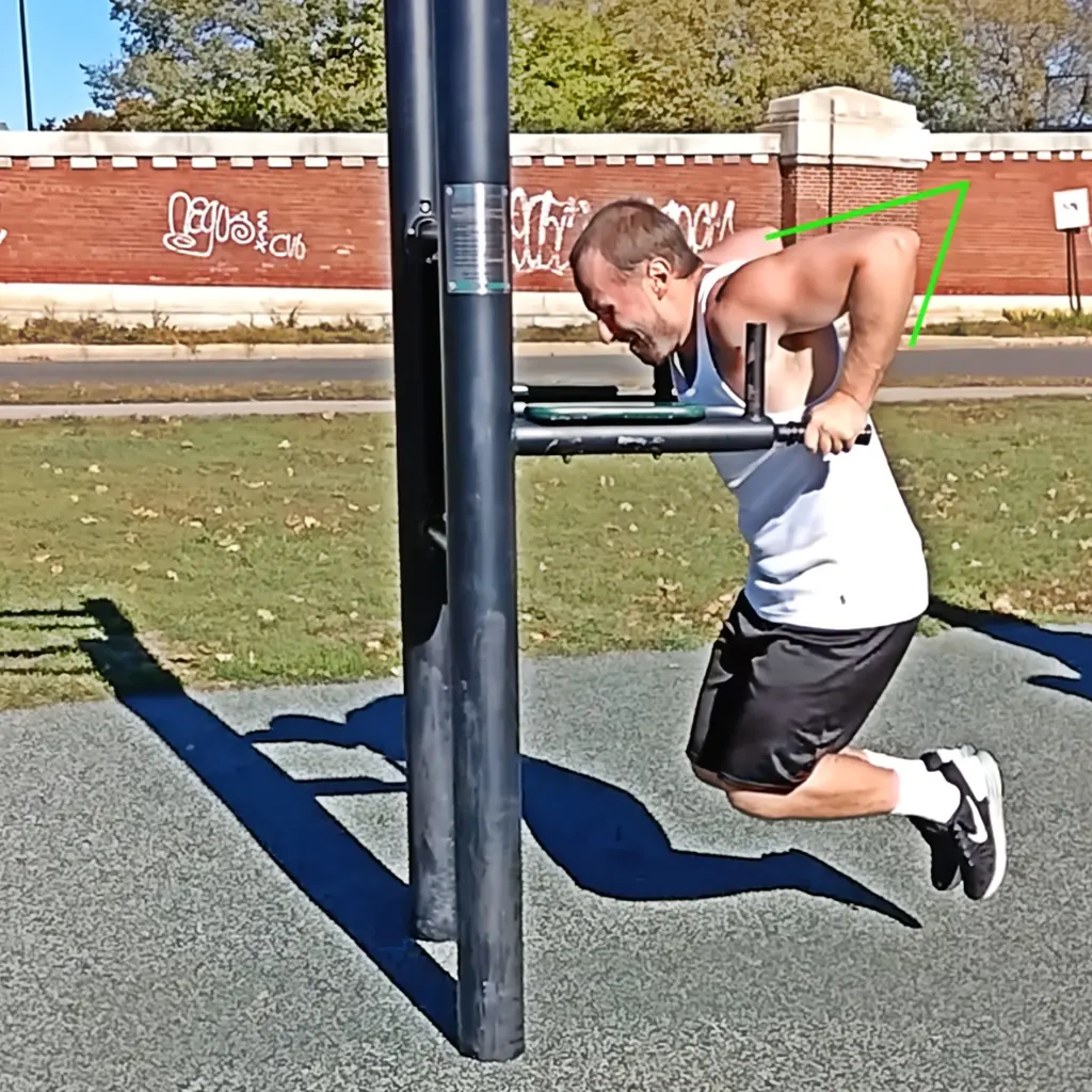 Performing a deep parallel bar dip where the elbow breaks the 90 degree angle at the bottom of the range of motion
