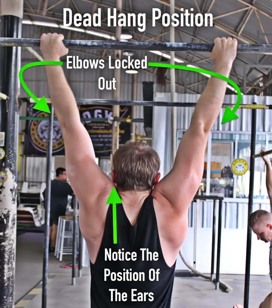 Dead hang position on a pullup bar with elbows locked out and scapulae fully relaxed