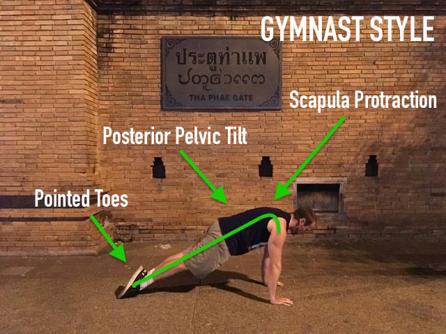 Showing gymnast alignment on a gymnast plank with posterior pelvic tilt