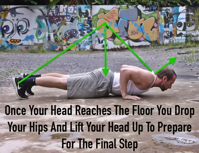 Transition point in the hindu pushup, where the hips drop to the floor and the head lifts up