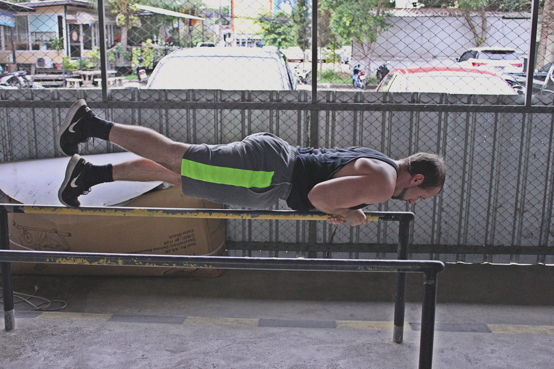 Bottom part of the range of motion in an iguana pushup