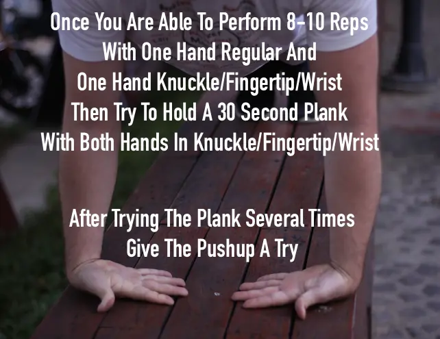 Demonstrating how to gradually progress from holding planks with hand modifications to doing pushup reps