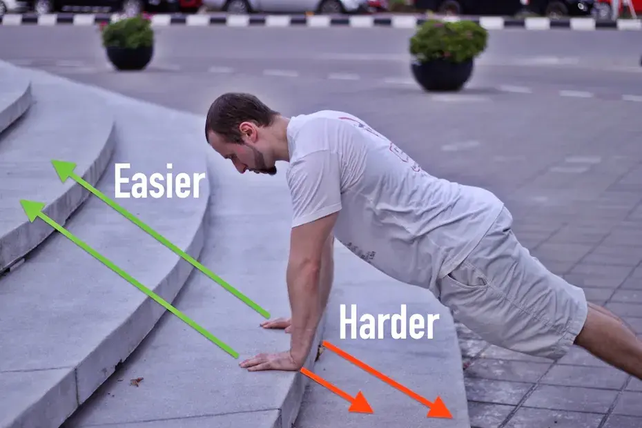 Demonstrating a regressed pushup variation and showing how to adjust it to make it even easier or progressively harder