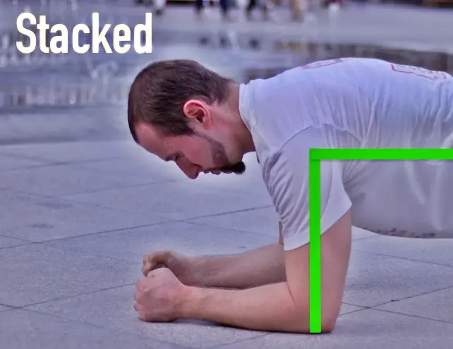 Showing standard shoulder to elbow alignment on the plank