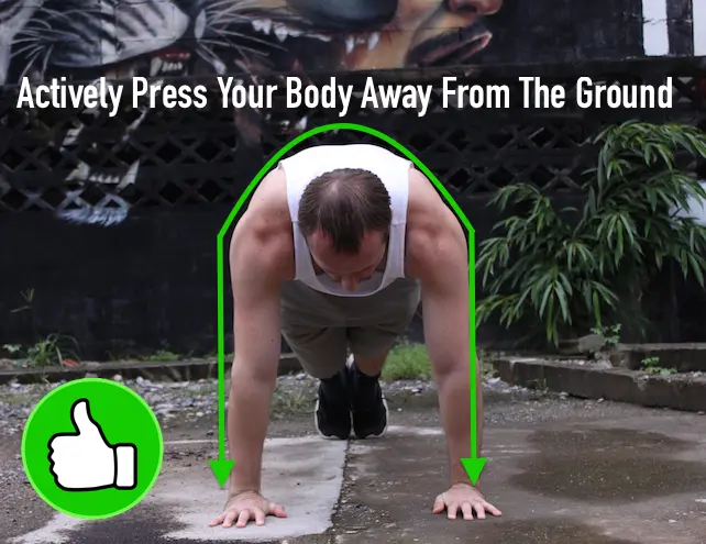 Showing the up portion of the pushup with scapulae fully protracted at the peak