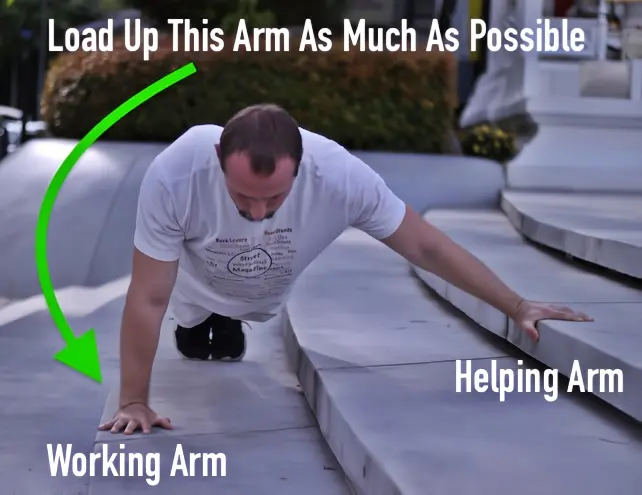 Self-assisted one arm pushup progression 2 - top position