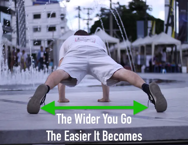 Demonstrating a regressed pushup from behind, with legs in a straddle position